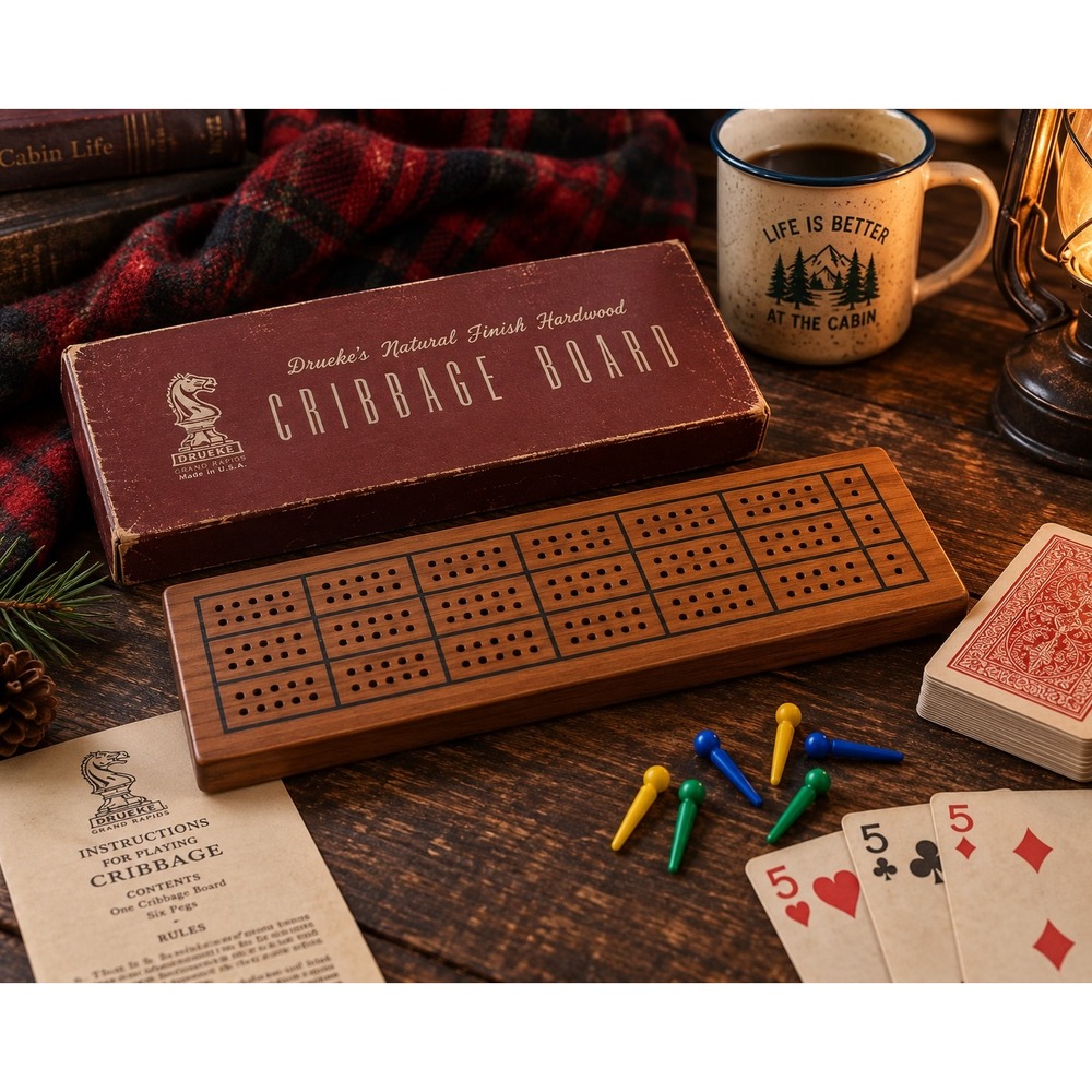 Vintage Drueke Model 28 Hardwood Cribbage Board 3 Track Michigan Made‎ with Box
